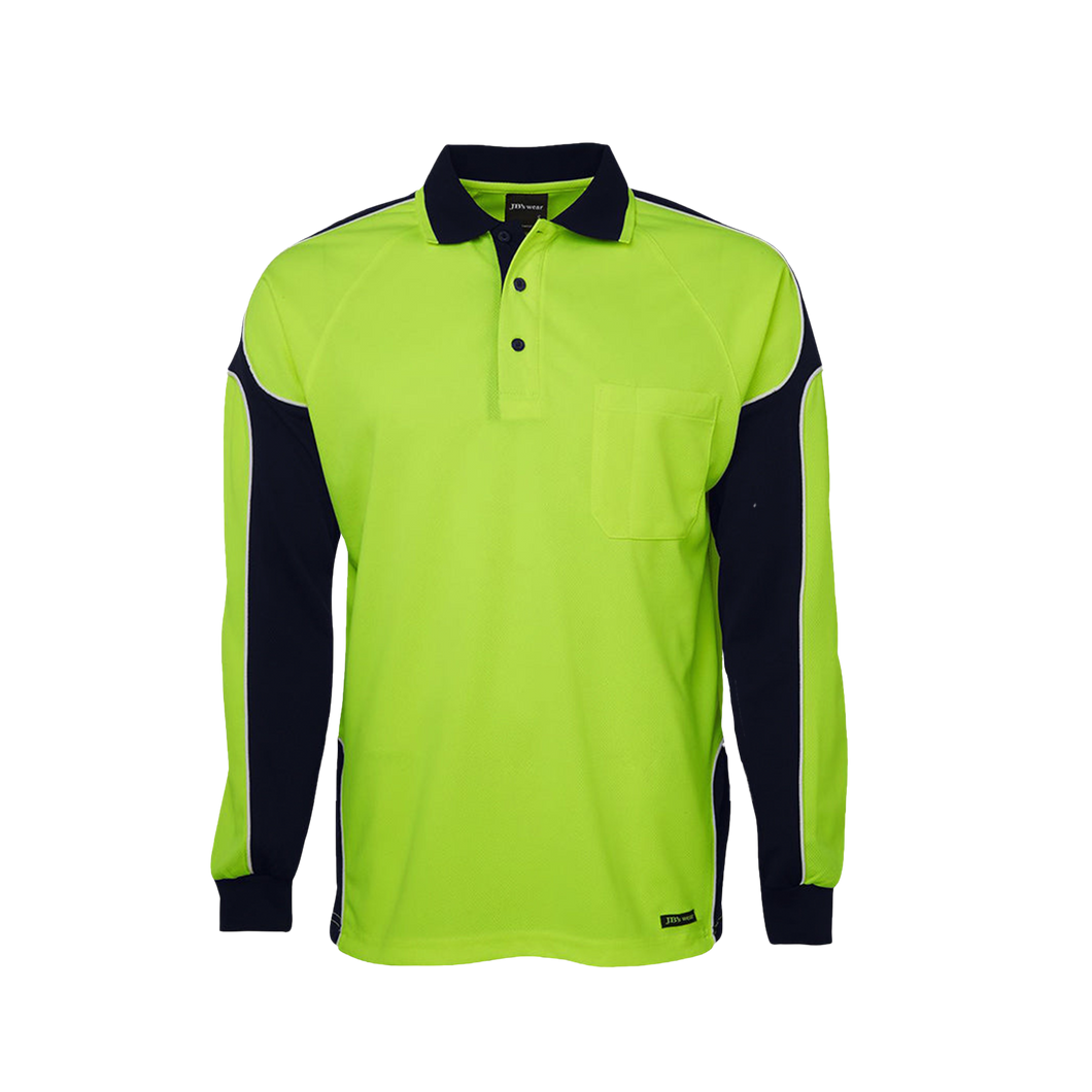 JB's Wear Men's Hi Vis Arm Panel Long Sleeve Polo - Lime/Navy - Polos