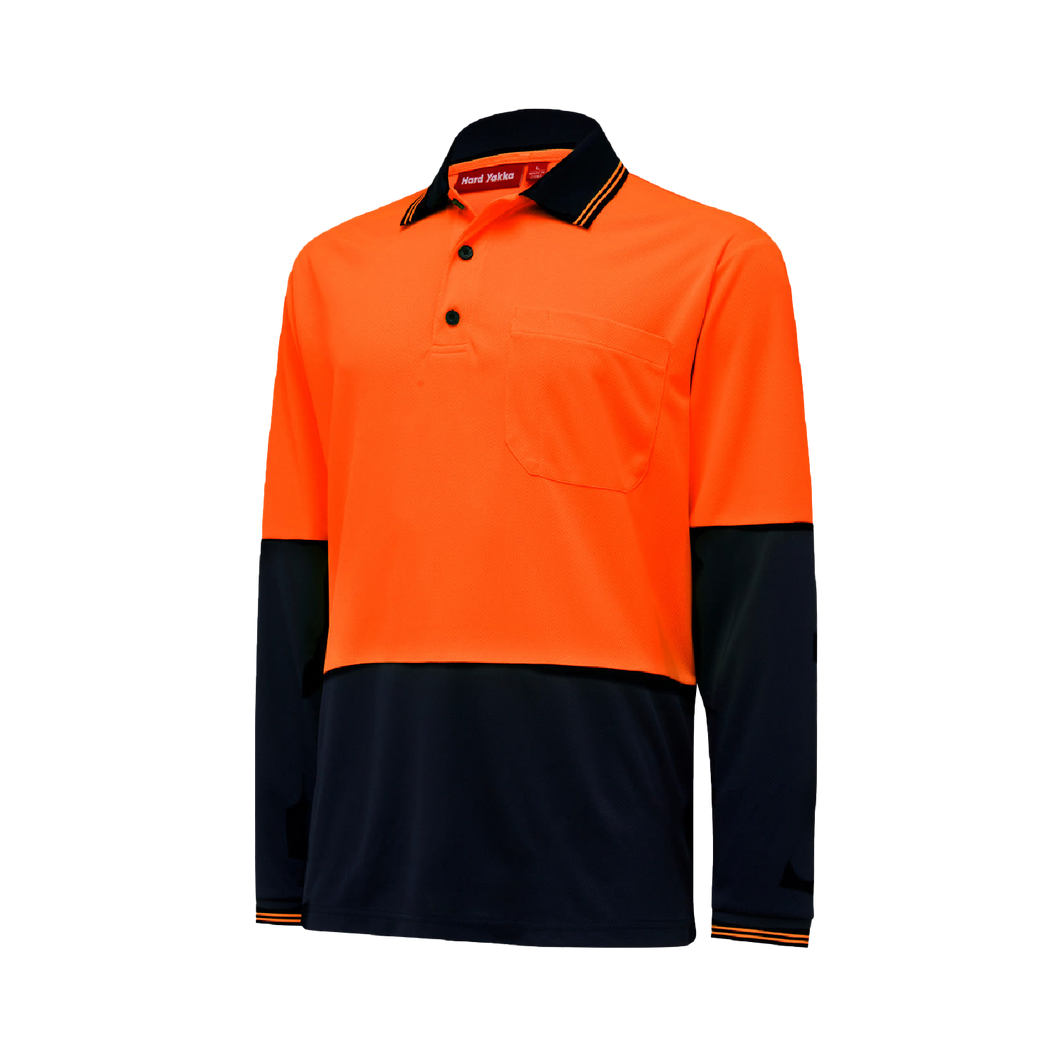 Hard Yakka Men's Core 2 Tone Long Sleeve Hi Vis Polo - Orange/Navy - Polos