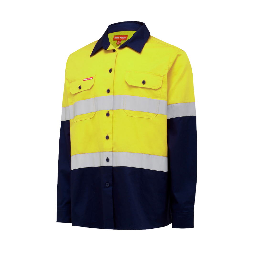 Hard Yakka Women's Core Hi Vis Lightweight 2 Tone Taped Shirt - Yellow/Navy - Shirts