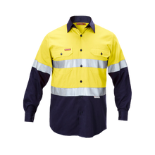 Load image into Gallery viewer, Hard Yakka Men&#39;s Foundations Hi Vis 2 Tone Cotton Drill Long Sleeve Shirt with Tape - Yellow/Navy - Shirts
