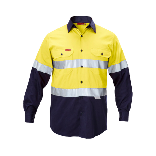 Hard Yakka Men's Foundations Hi Vis 2 Tone Cotton Drill Long Sleeve Shirt with Tape - Yellow/Navy - Shirts