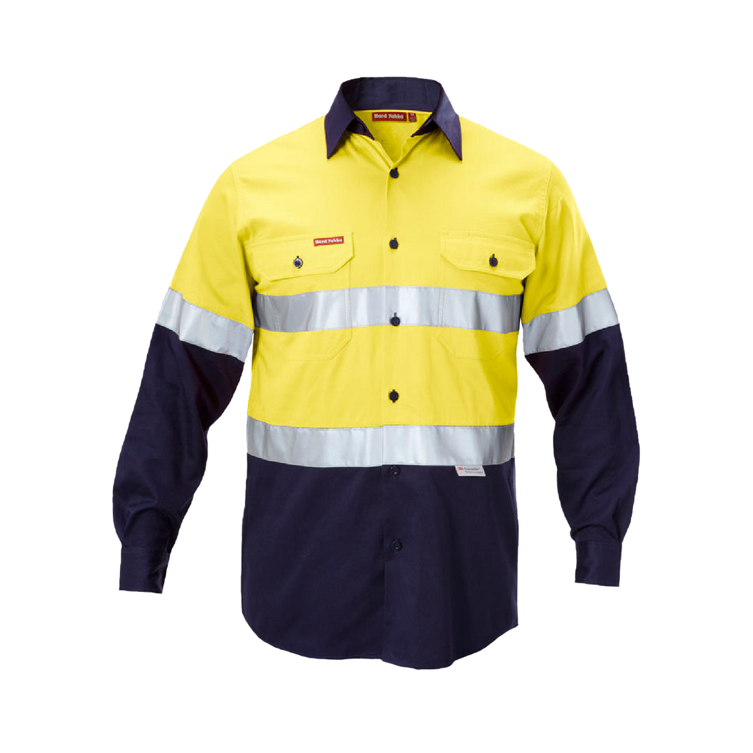 Hard Yakka Men's Foundations Hi Vis 2 Tone Cotton Drill Long Sleeve Shirt with Tape - Yellow/Navy - Shirts