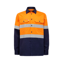 Load image into Gallery viewer, Hard Yakka Men&#39;s Foundations Hi Vis 2 Tone Cotton Drill Long Sleeve Shirt with Tape - Orange/Navy - Shirts
