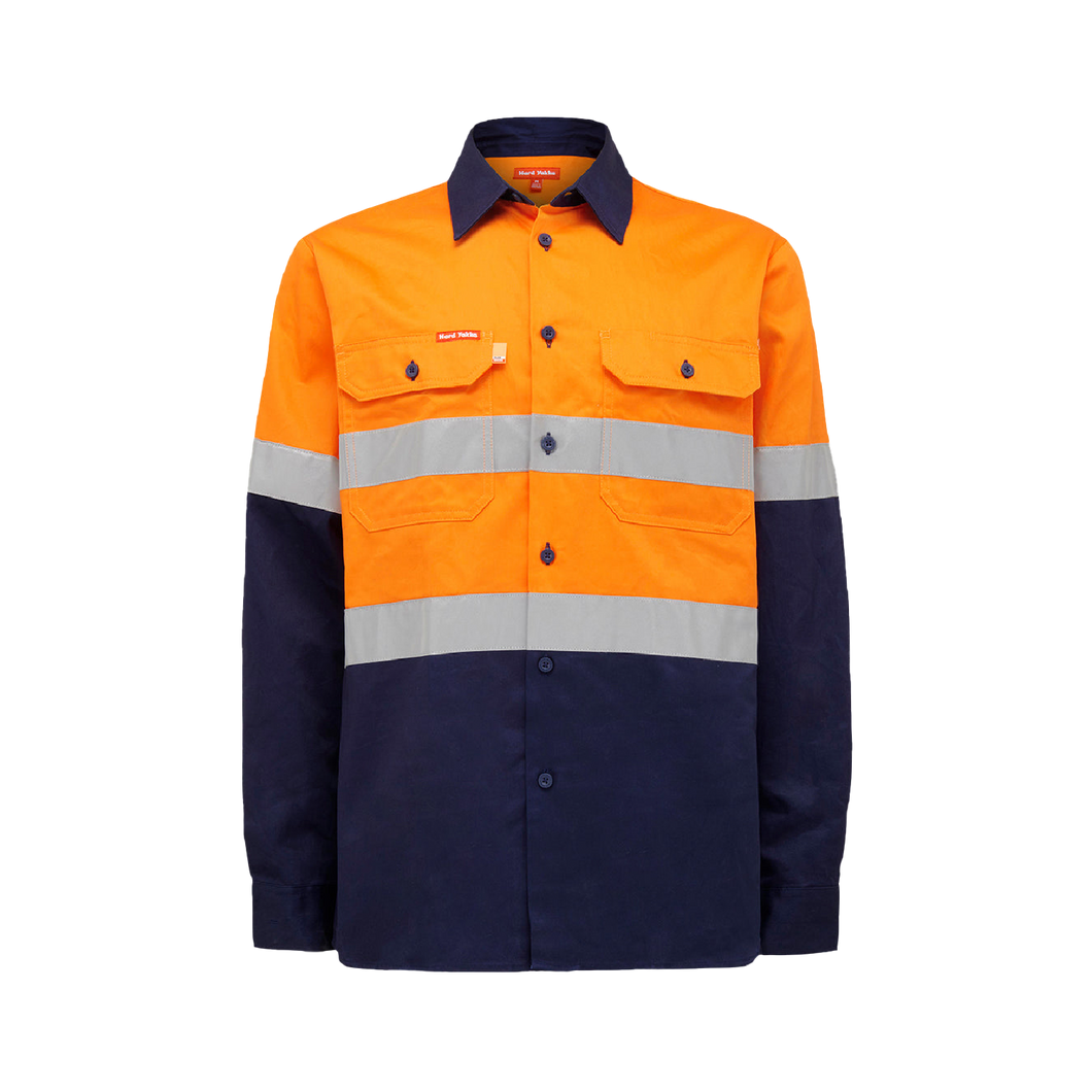 Hard Yakka Men's Foundations Hi Vis 2 Tone Cotton Drill Long Sleeve Shirt with Tape - Orange/Navy - Shirts