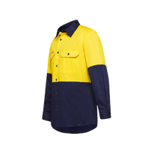 Load image into Gallery viewer, Hard Yakka Men&#39;s Foundations Hi Vis 2 Tone Long Sleeve Cotton Drill Shirt - Yellow/Navy - Shirts
