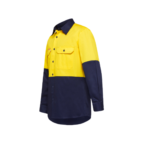 Hard Yakka Men's Foundations Hi Vis 2 Tone Long Sleeve Cotton Drill Shirt - Yellow/Navy - Shirts