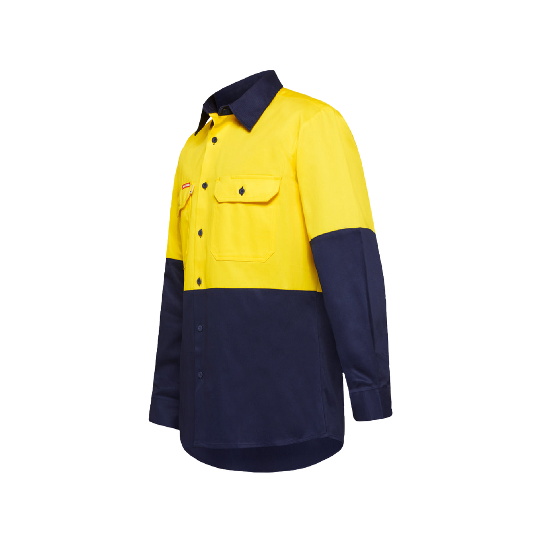 Hard Yakka Men's Foundations Hi Vis 2 Tone Long Sleeve Cotton Drill Shirt - Yellow/Navy - Shirts