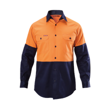 Load image into Gallery viewer, Hard Yakka Men&#39;s Foundations Hi Vis 2 Tone Long Sleeve Cotton Drill Shirt - Orange/Navy - Shirts
