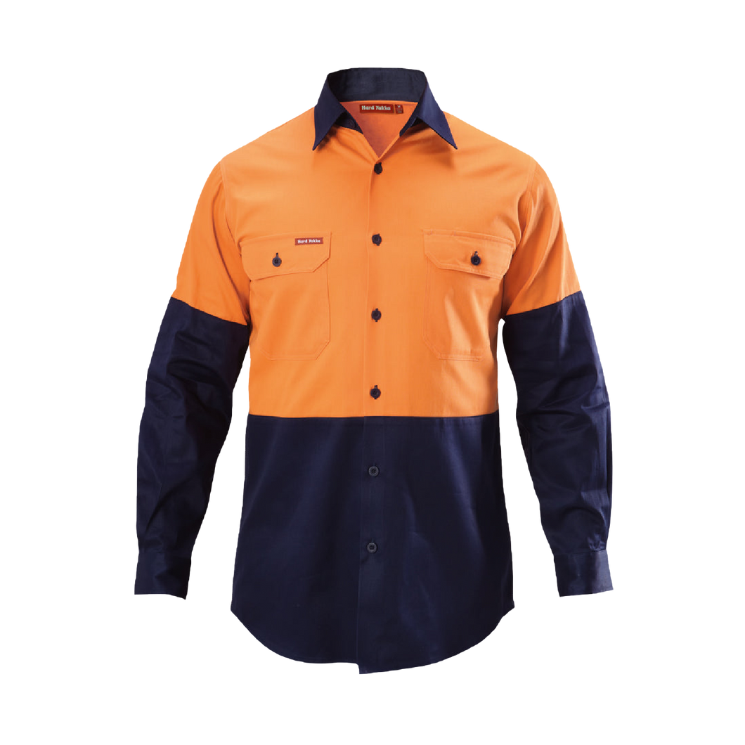 Hard Yakka Men's Foundations Hi Vis 2 Tone Long Sleeve Cotton Drill Shirt - Orange/Navy - Shirts