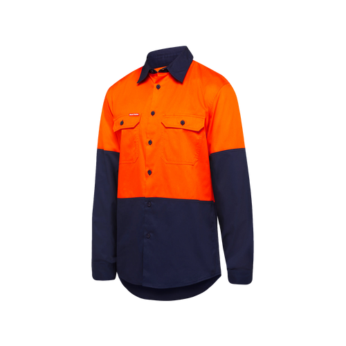 Hard Yakka Men's Long Sleeve Shirt 2 Tone Vented - Orange/Navy - Shirts