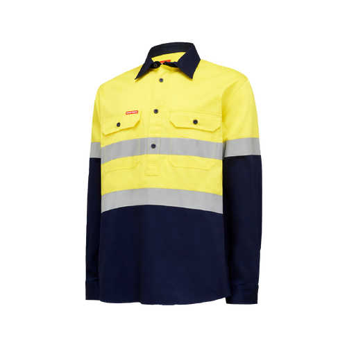 Hard Yakka Men's Core Hi Vis Long Sleeve Heavyweight Closed Front Taped Shirt - Yellow/Navy - Shirts