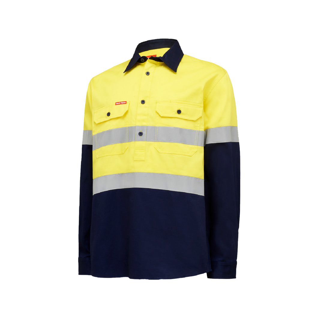 Hard Yakka Men's Core Hi Vis Long Sleeve Heavyweight Closed Front Taped Shirt - Yellow/Navy - Shirts