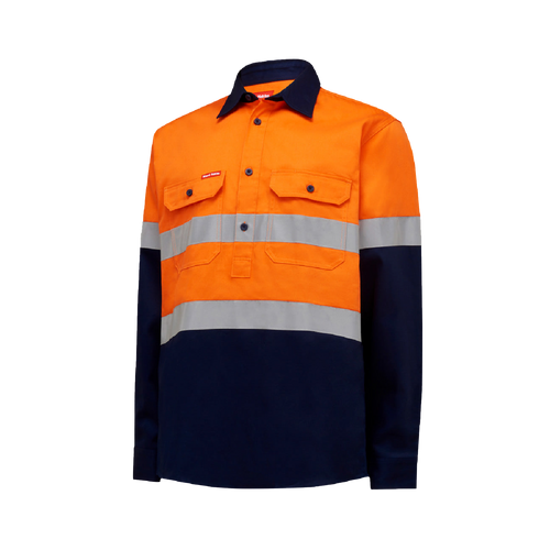 Hard Yakka Men's Core Hi Vis Long Sleeve Heavyweight Closed Front Taped Shirt - Orange/Navy - Shirts