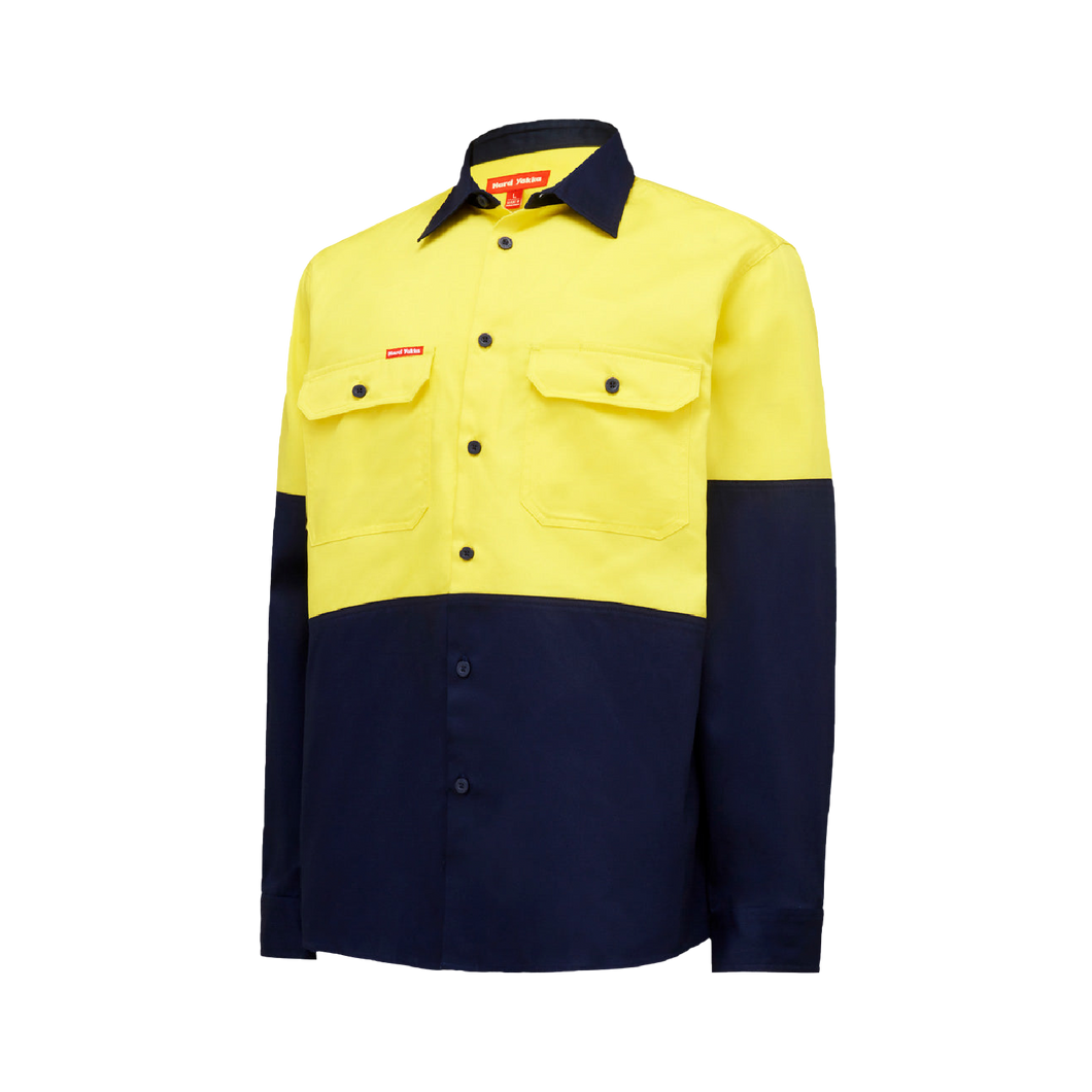 Hard Yakka Men's Core Hi Vis Long Sleeve Heavyweight 2 Tone Shirt - Yellow/Navy - Shirts