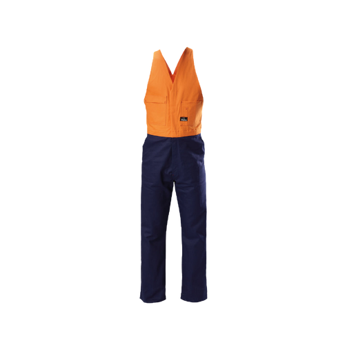 Hard Yakka Men's Foundations Hi Vis 2 Tone Cotton Drill Action Back Overall - Orange/Navy - Overalls