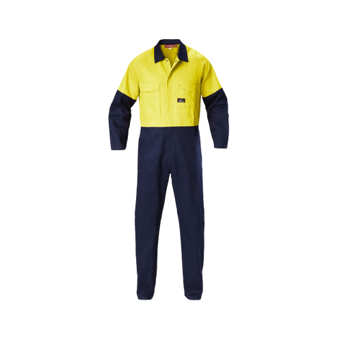 Hard Yakka Men's Foundations Hi Vis 2 Tone Cotton Drill Coverall - Yellow/Navy - Overalls