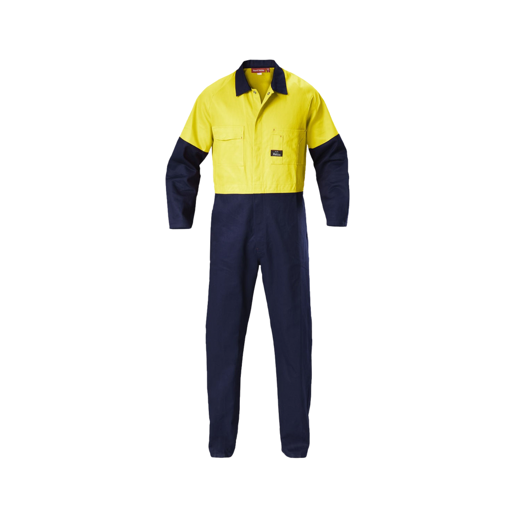 Hard Yakka Men's Foundations Hi Vis 2 Tone Cotton Drill Coverall - Yellow/Navy - Overalls