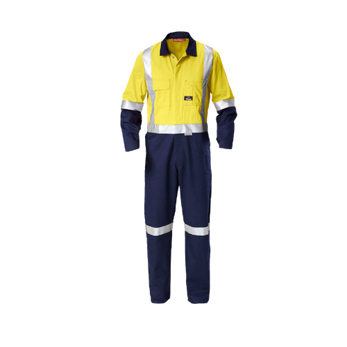 Hard Yakka Men's Foundations Hi Vis 2 Tone Cotton Drill Coverall with Tape - Yellow/Navy - Overalls