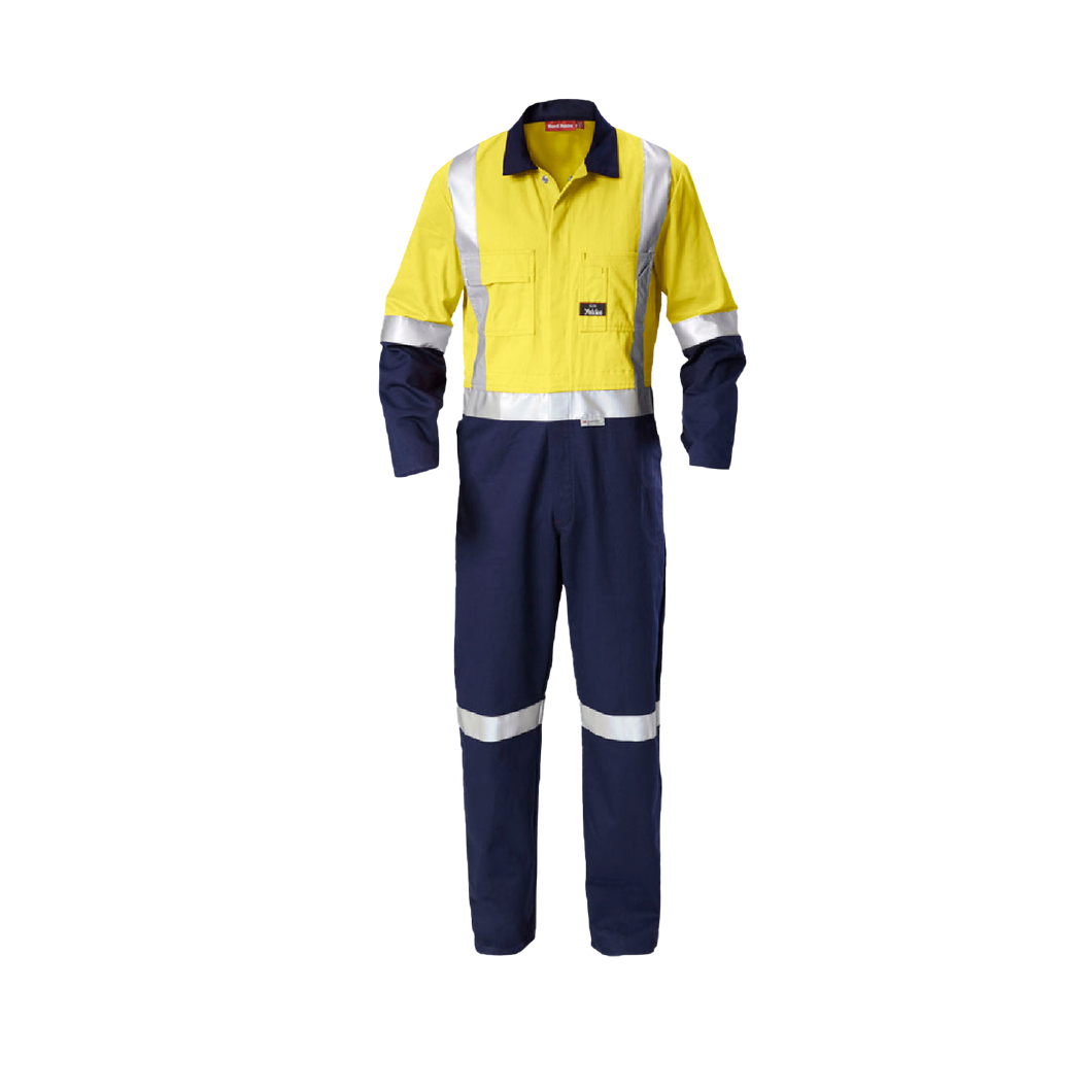 Hard Yakka Men's Foundations Hi Vis 2 Tone Cotton Drill Coverall with Tape - Yellow/Navy - Overalls