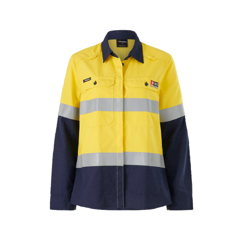 KingGee Women's Shieldtec Lenzing Flame Resistant Hi-Vis Spliced Long Sleeve Shirt Taped - Yellow/Navy - Shirts