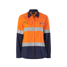 Load image into Gallery viewer, KingGee Women&#39;s Shieldtec Lenzing Flame Resistant Hi-Vis Spliced Long Sleeve Shirt Taped - Orange/Navy - Shirts
