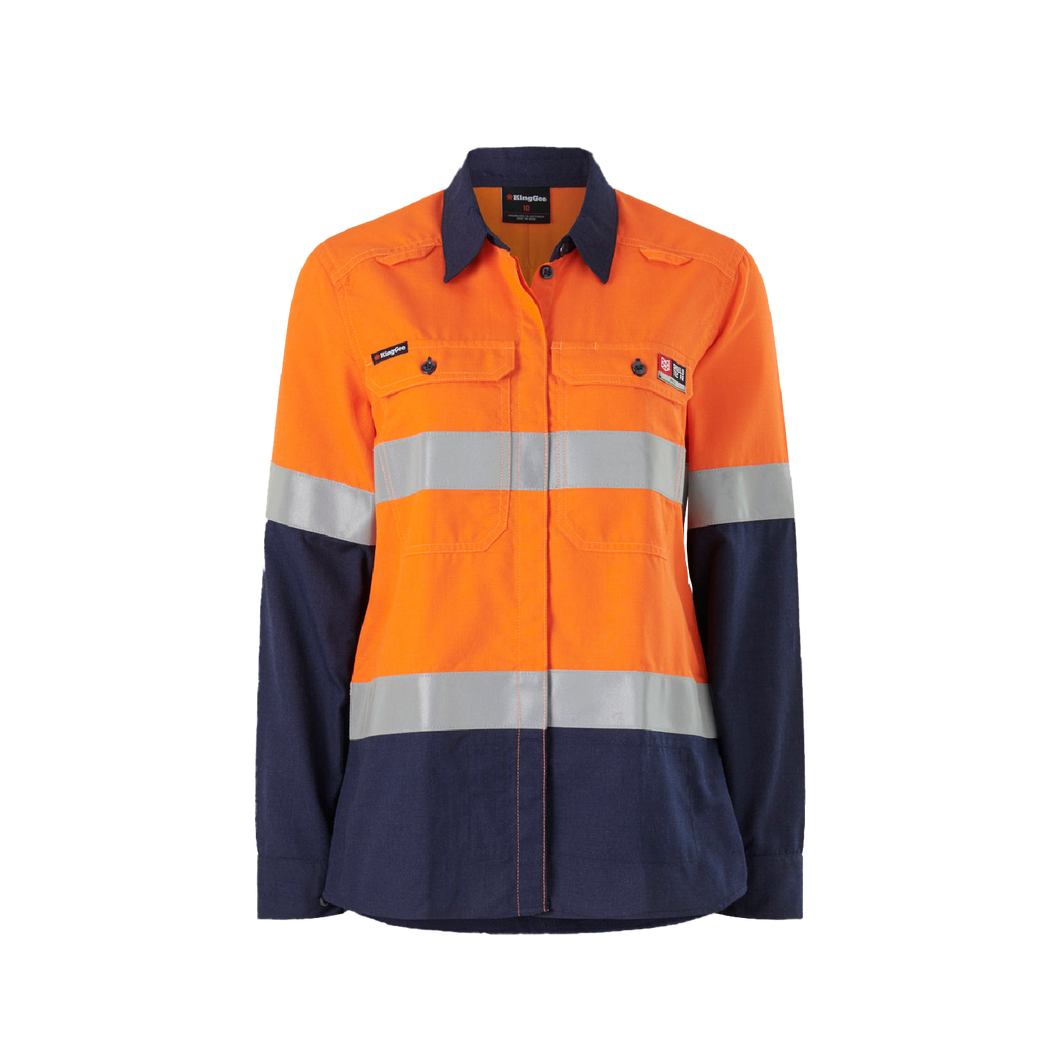 KingGee Women's Shieldtec Lenzing Flame Resistant Hi-Vis Spliced Long Sleeve Shirt Taped - Orange/Navy - Shirts