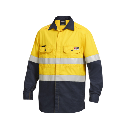 KingGee Men's Shieldtec Lenzing Flame Resistant Hi-Vis Spliced Ls Shirt Taped - Yellow/Navy - Shirts