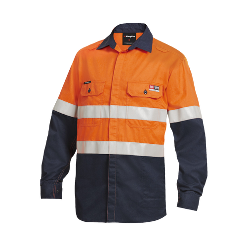 KingGee Men's Shieldtec Lenzing Flame Resistant Hi-Vis Spliced Ls Shirt Taped - Orange/Navy - Shirts