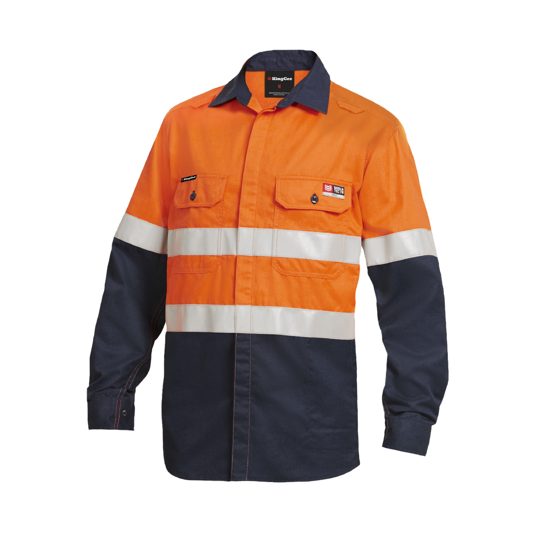 KingGee Men's Shieldtec Lenzing Flame Resistant Hi-Vis Spliced Ls Shirt Taped - Orange/Navy - Shirts