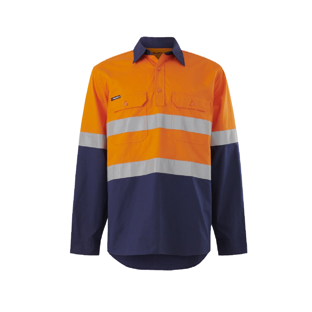 KingGee Men's Workcool Vented Closed Front Shirt Taped L/S - Orange/Navy - Shirts