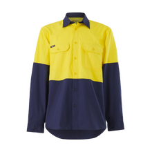 Load image into Gallery viewer, KingGee Men&#39;s Workcool Vented Spliced Shirt L/S - Yellow/Navy - Shirts
