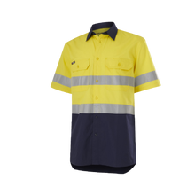 Load image into Gallery viewer, KingGee Men&#39;s Workcool Vented Spliced Shirt Taped S/S - Yellow/Navy - Shirts
