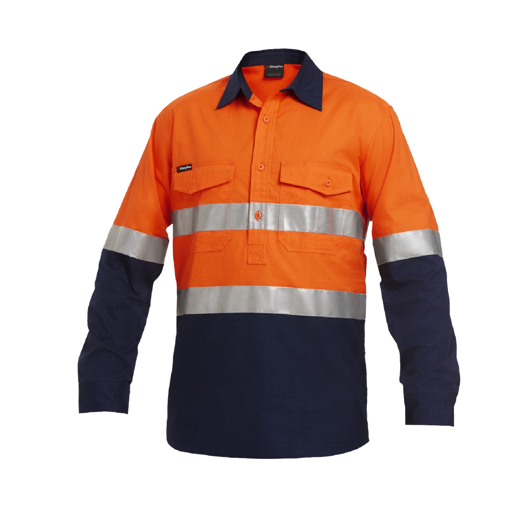 KingGee Men's Workcool 2 Reflective Spliced Closed Front Long Sleeve Shirt - Orange/Navy - Shirts