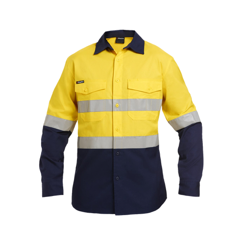 KingGee Men's Workcool 2 Hi Vis Reflective Spliced Long Sleeve Shirt - Yellow/Navy - Shirts