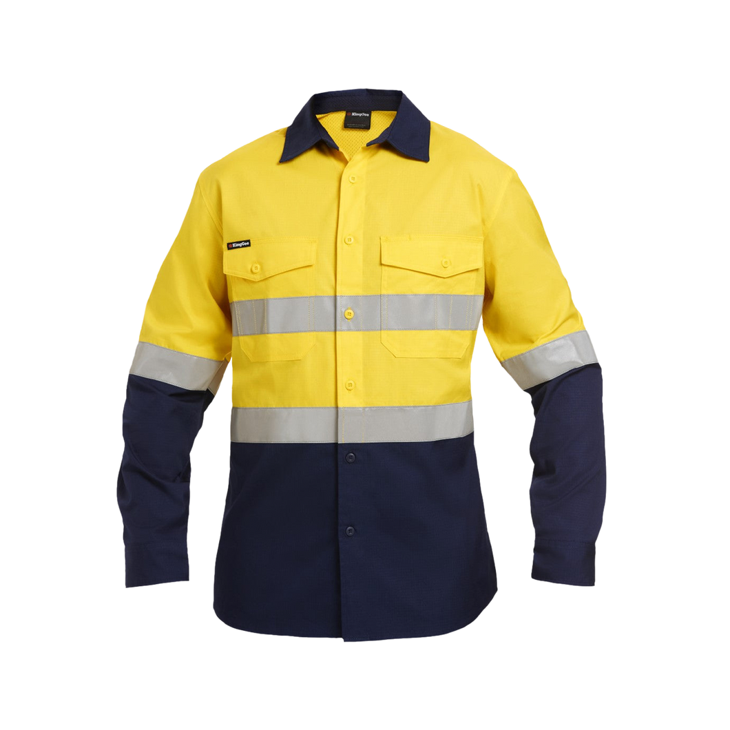 KingGee Men's Workcool 2 Hi Vis Reflective Spliced Long Sleeve Shirt - Yellow/Navy - Shirts