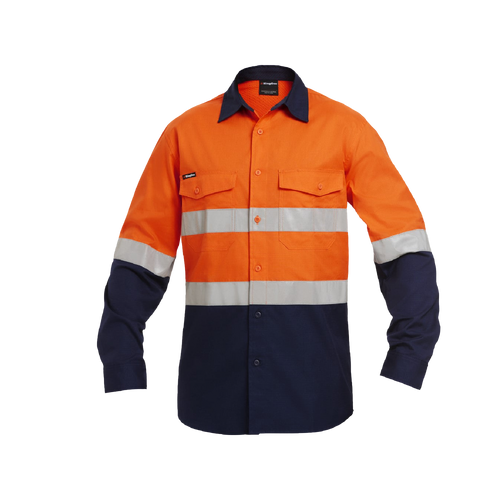 KingGee Men's Workcool 2 Hi Vis Reflective Spliced Long Sleeve Shirt - Orange/Navy - Shirts