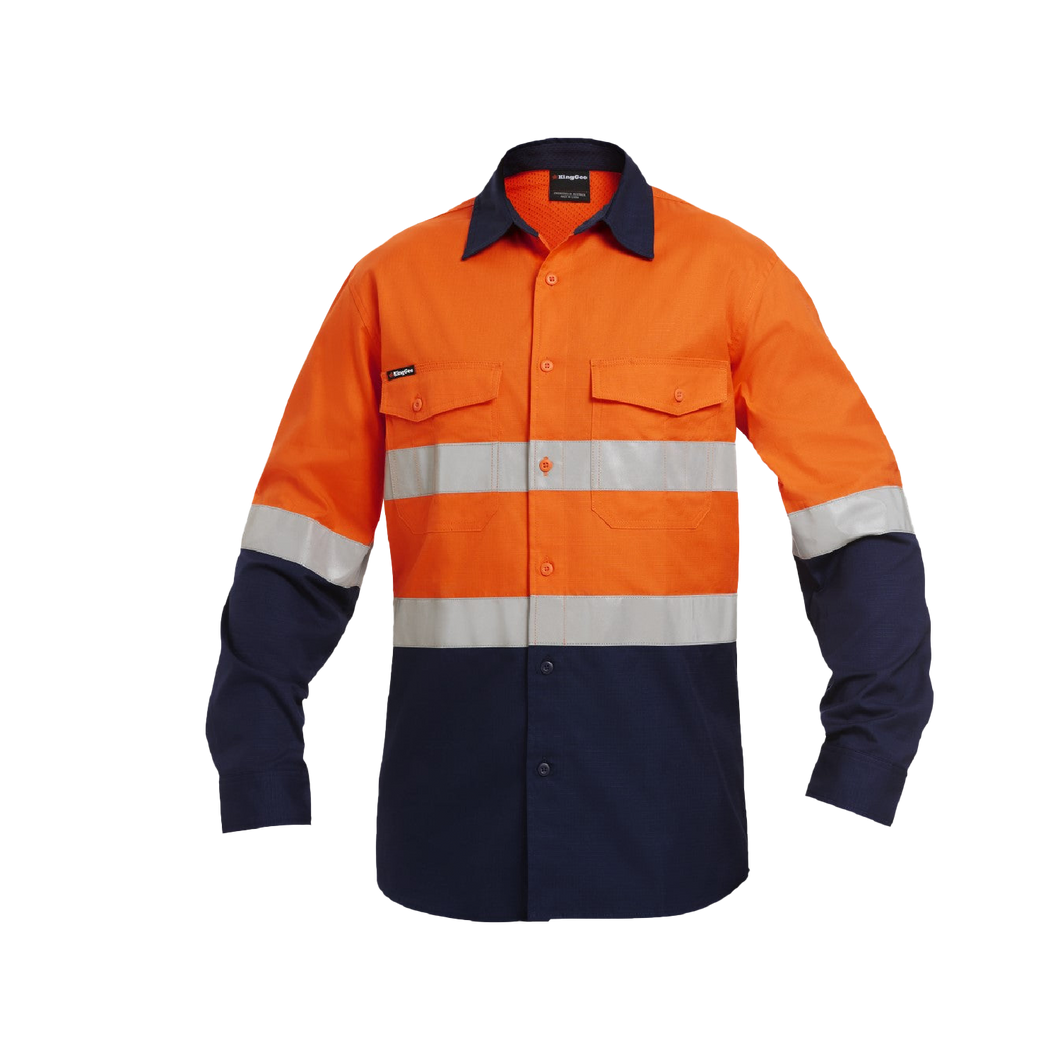 KingGee Men's Workcool 2 Hi Vis Reflective Spliced Long Sleeve Shirt - Orange/Navy - Shirts