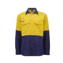 Load image into Gallery viewer, KingGee Men&#39;s Workcool 2 Spliced Long Sleeve Shirt - Yellow/Navy - Shirts
