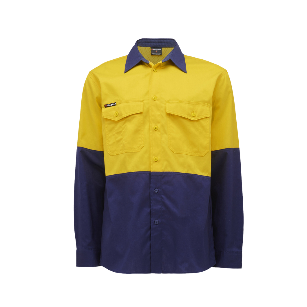 KingGee Men's Workcool 2 Spliced Long Sleeve Shirt - Yellow/Navy - Shirts