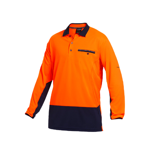 KingGee Men's Workcool Spliced Long Sleeve Polo - Orange/Navy - Polos