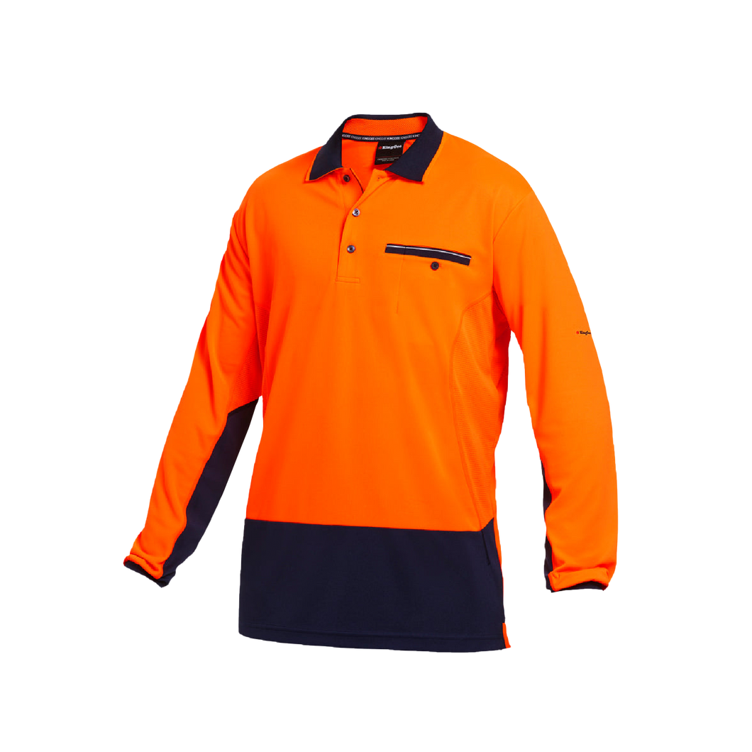 KingGee Men's Workcool Spliced Long Sleeve Polo - Orange/Navy - Polos