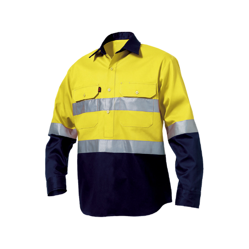 KingGee Men's Reflective Closed Front Spliced Drill Long Sleeve Shirt - Yellow/Navy - Shirts