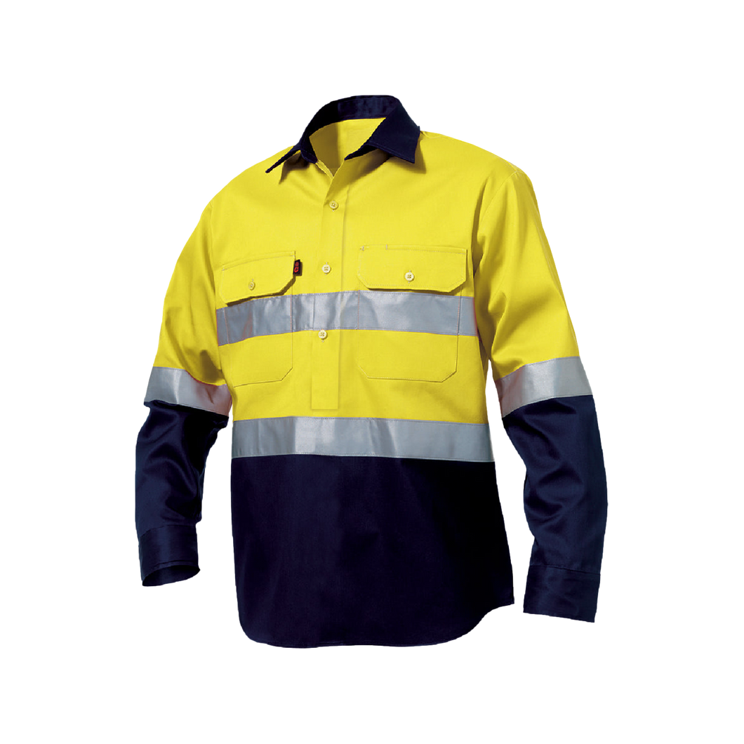 KingGee Men's Reflective Closed Front Spliced Drill Long Sleeve Shirt - Yellow/Navy - Shirts