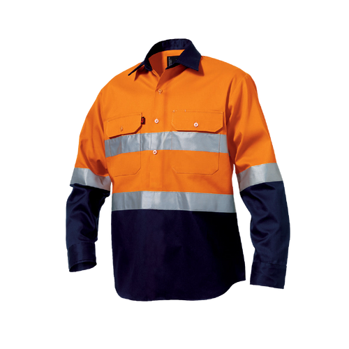 KingGee Men's Reflective Closed Front Spliced Drill Long Sleeve Shirt - Orange/Navy - Shirts