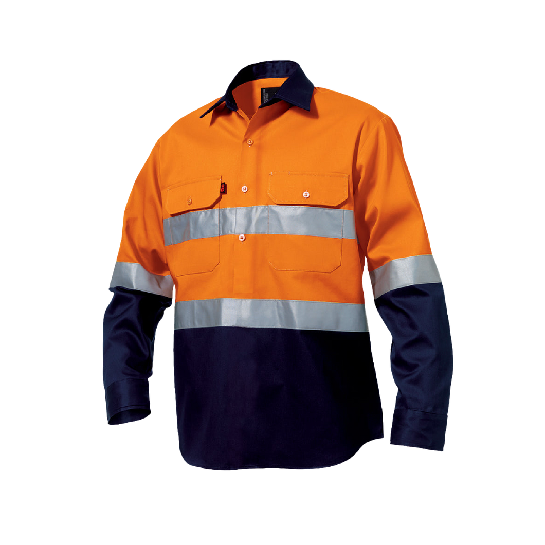 KingGee Men's Reflective Closed Front Spliced Drill Long Sleeve Shirt - Orange/Navy - Shirts