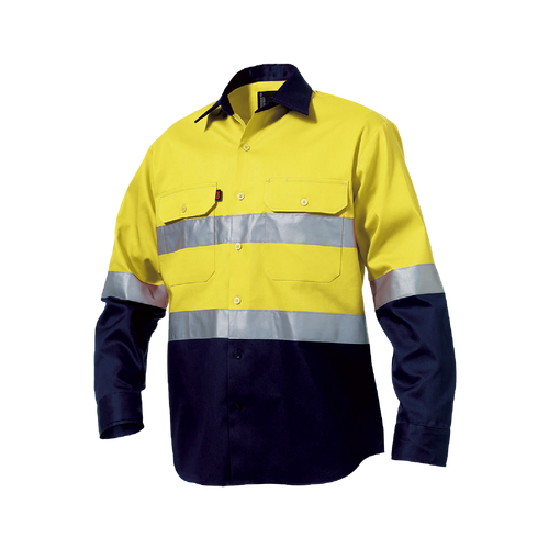 KingGee Men's Reflective Spliced Drill Long Sleeve Shirt - Yellow/Navy - Shirts