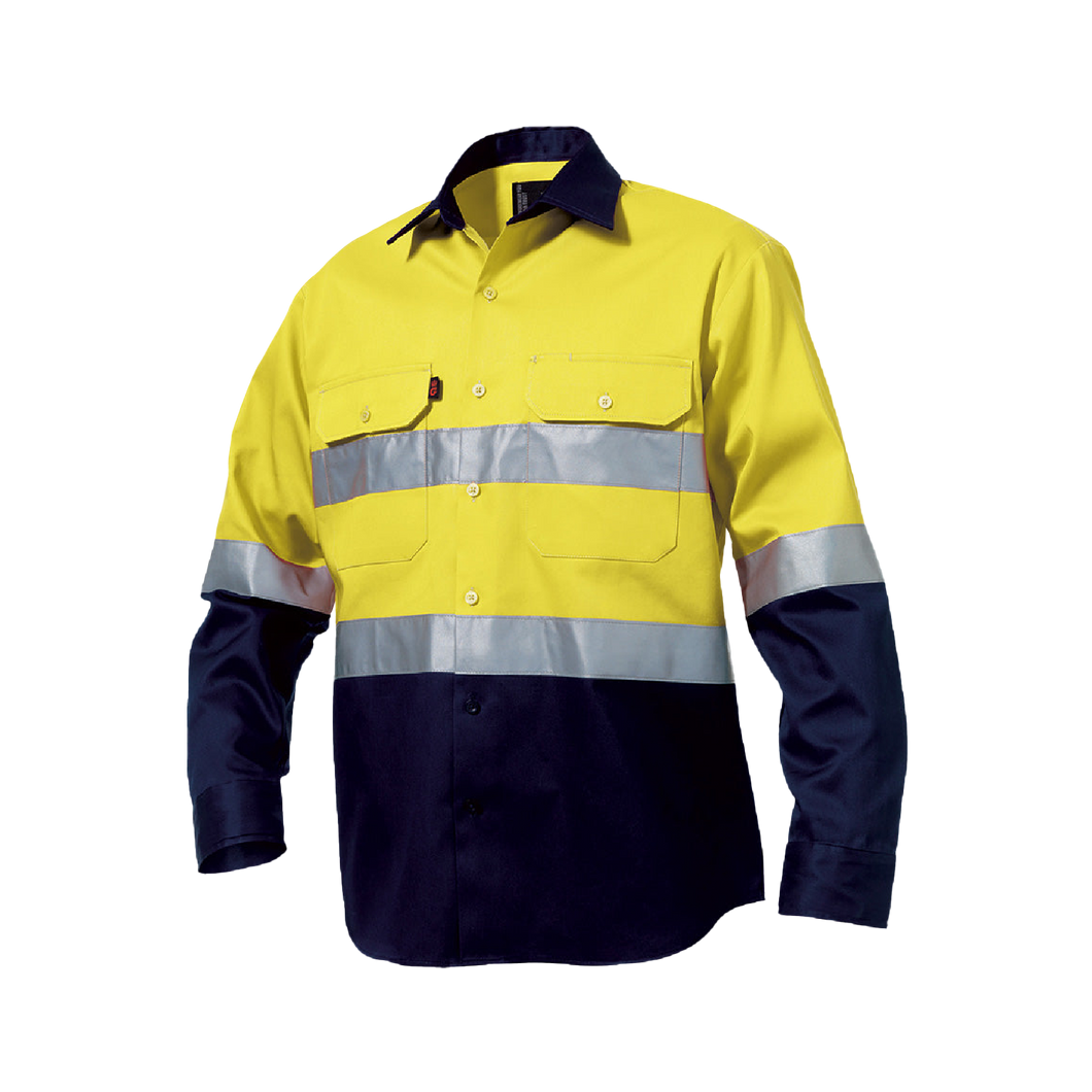 KingGee Men's Reflective Spliced Drill Long Sleeve Shirt - Yellow/Navy - Shirts