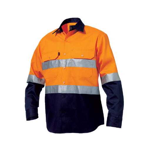 KingGee Men's Reflective Spliced Drill Long Sleeve Shirt - Orange/Navy - Shirts