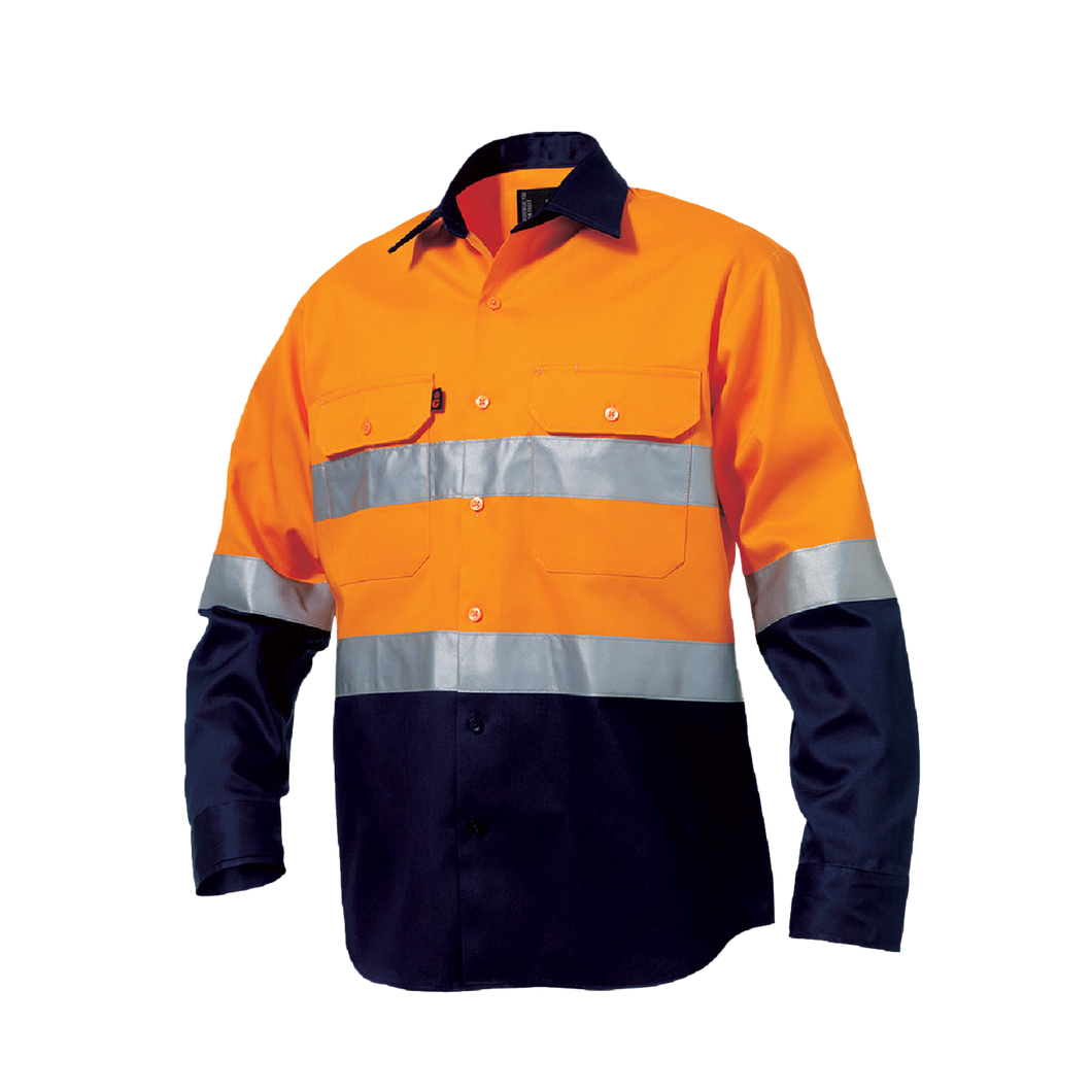 KingGee Men's Reflective Spliced Drill Long Sleeve Shirt - Orange/Navy - Shirts