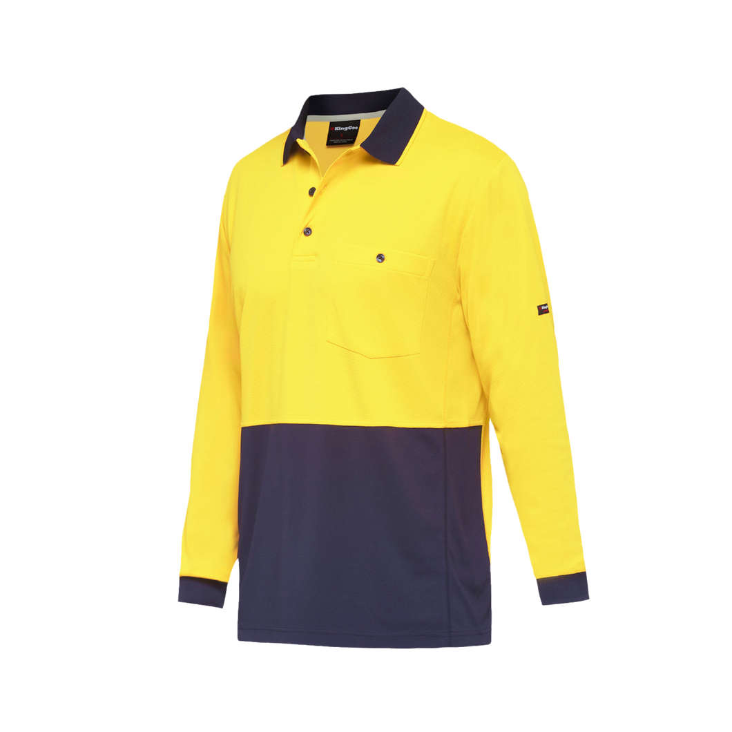 KingGee Men's Workcool Hyperfreeze Spliced Long Sleeve Polo - Yellow/Navy - Polos